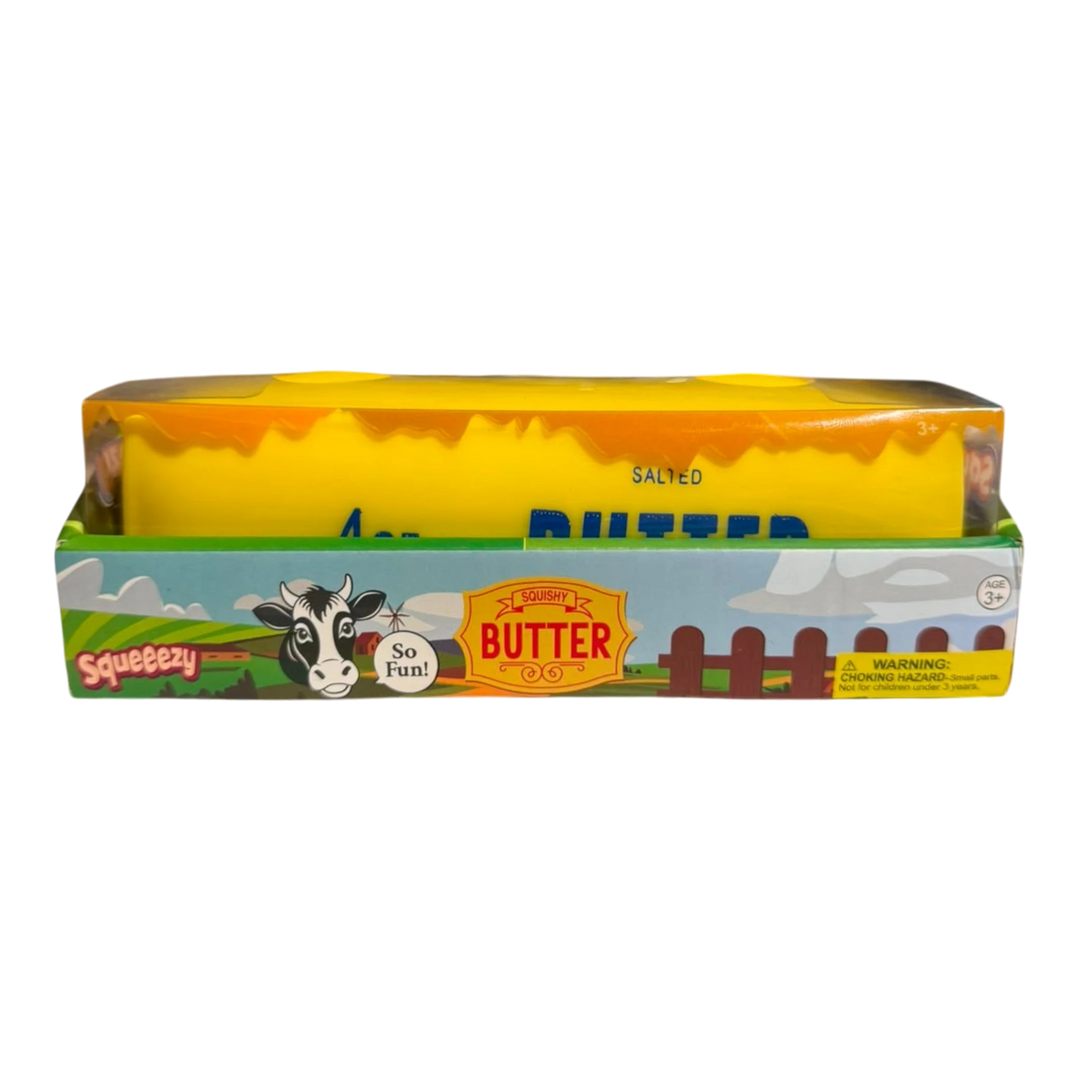 HypeSelection Squeezy jumbo butter stick squishy toy in yellow packaging with cow illustration and farm design