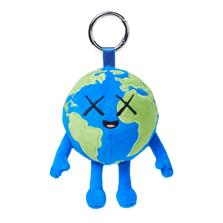 HypeSelection KAWS Universe Earth plush charm with signature X-eyes, blue and green design for bags and keys.
