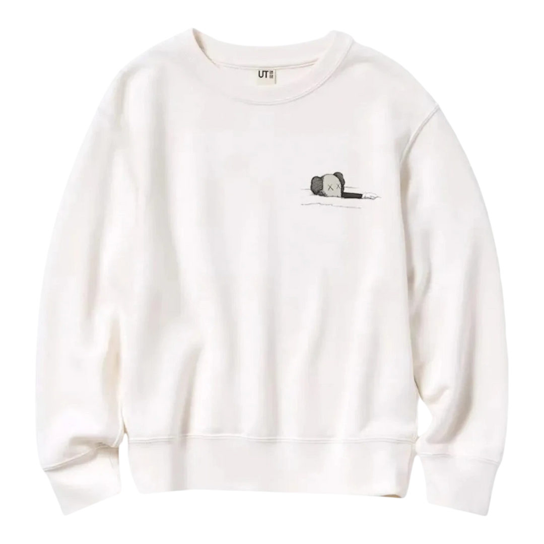 HypeSelection KAWS x Uniqlo off white cotton blend kids longsleeve sweatshirt with embroidered KAWS character on chest.