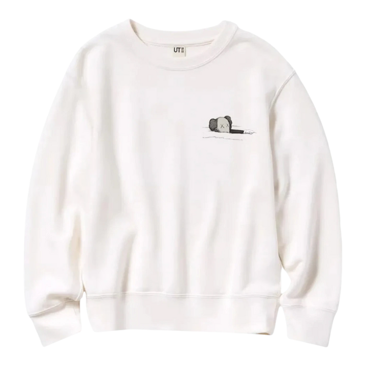 HypeSelection KAWS x Uniqlo off white cotton blend kids longsleeve sweatshirt with embroidered KAWS character on chest.