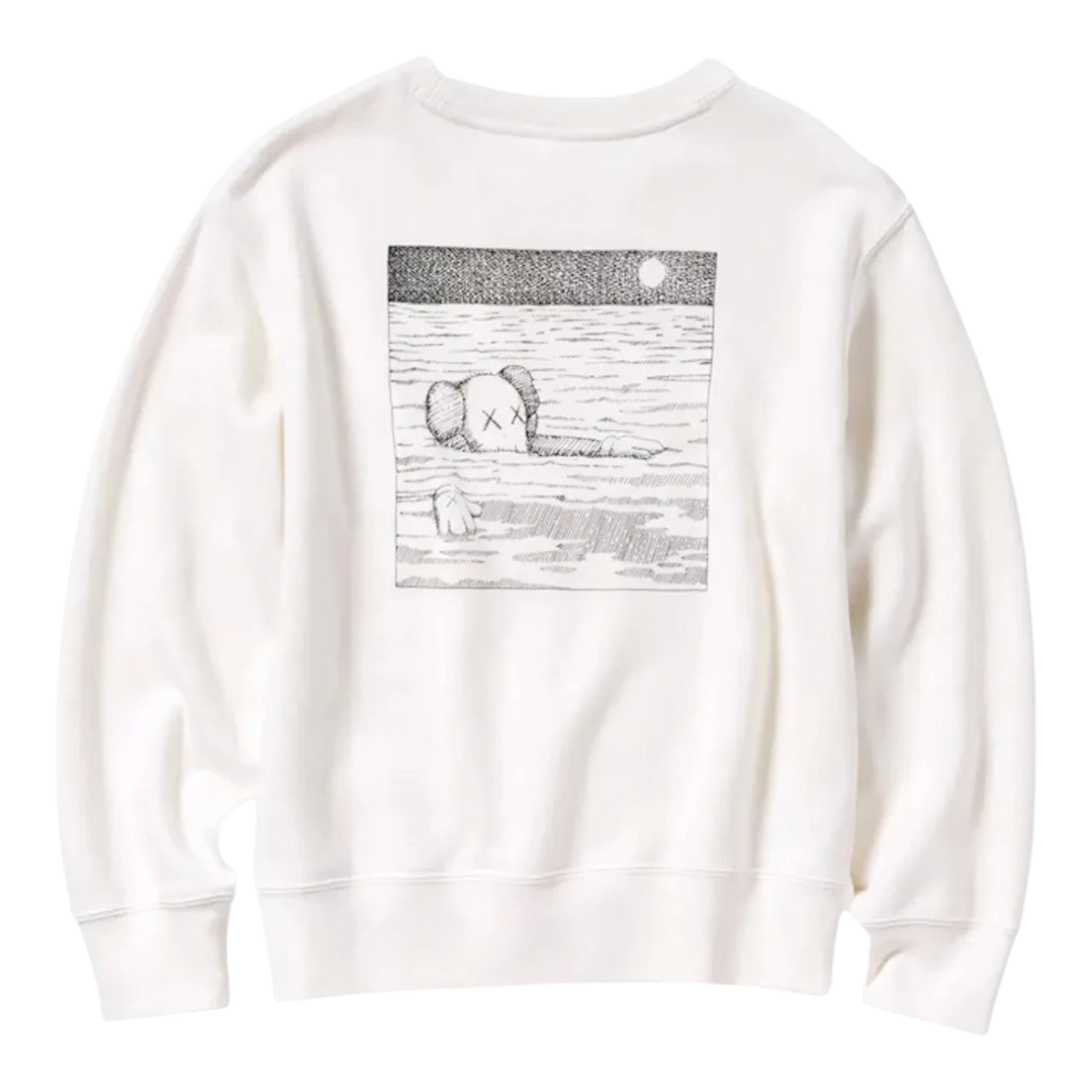 HypeSelection KAWS x Uniqlo off white cotton blend kids longsleeve sweatshirt with graphic print on back.