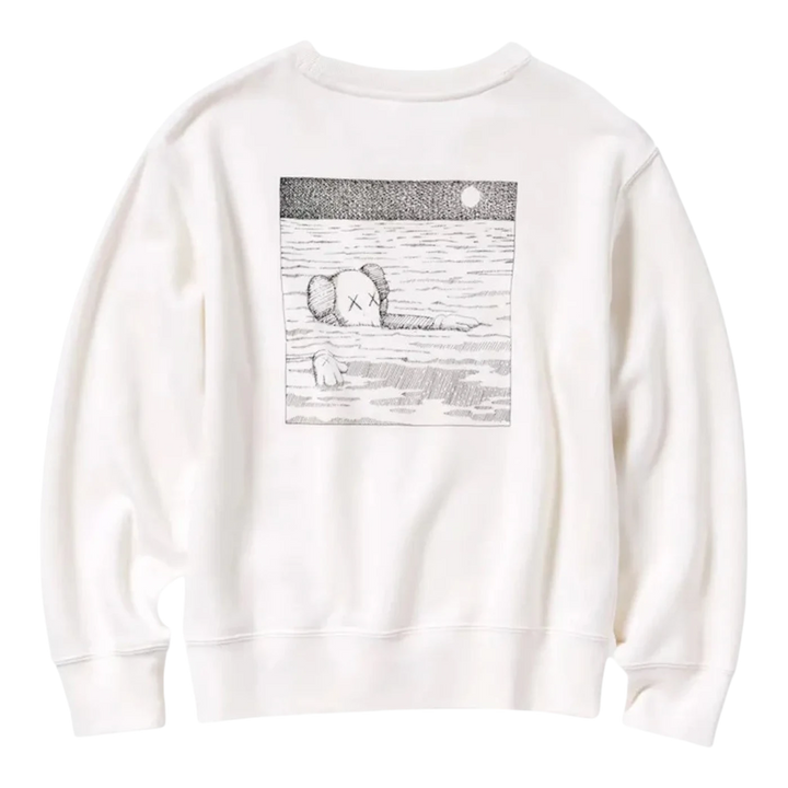 HypeSelection KAWS x Uniqlo off white cotton blend kids longsleeve sweatshirt with graphic print on back.
