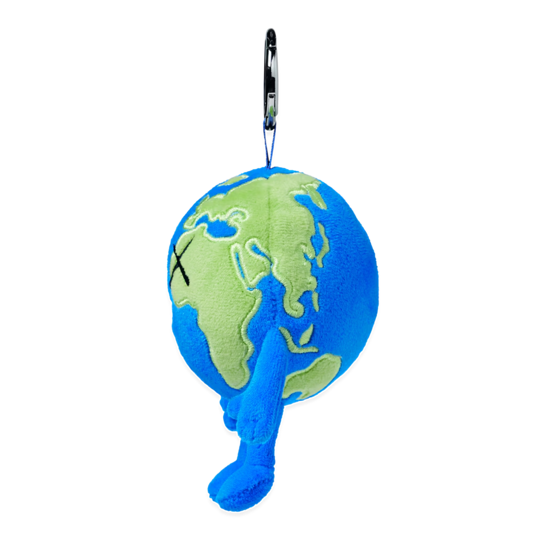 HypeSelection KAWS Universe Earth plush charm in blue and green with signature X-eye detail and metal carabiner clip