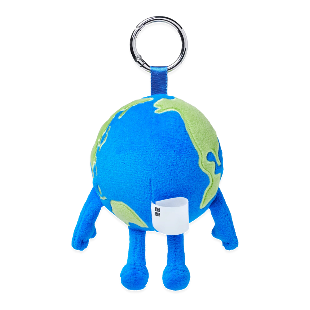 HypeSelection KAWS Universe Earth plush charm in blue and green with a silver keyring for bags and accessories