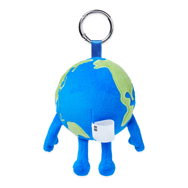 HypeSelection KAWS Universe Earth plush charm in blue and green with a silver keyring for bags and accessories