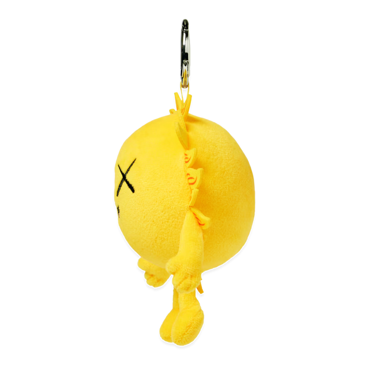 HypeSelection KAWS Universe yellow sun plush charm with signature X eyes and metal keyring attachment