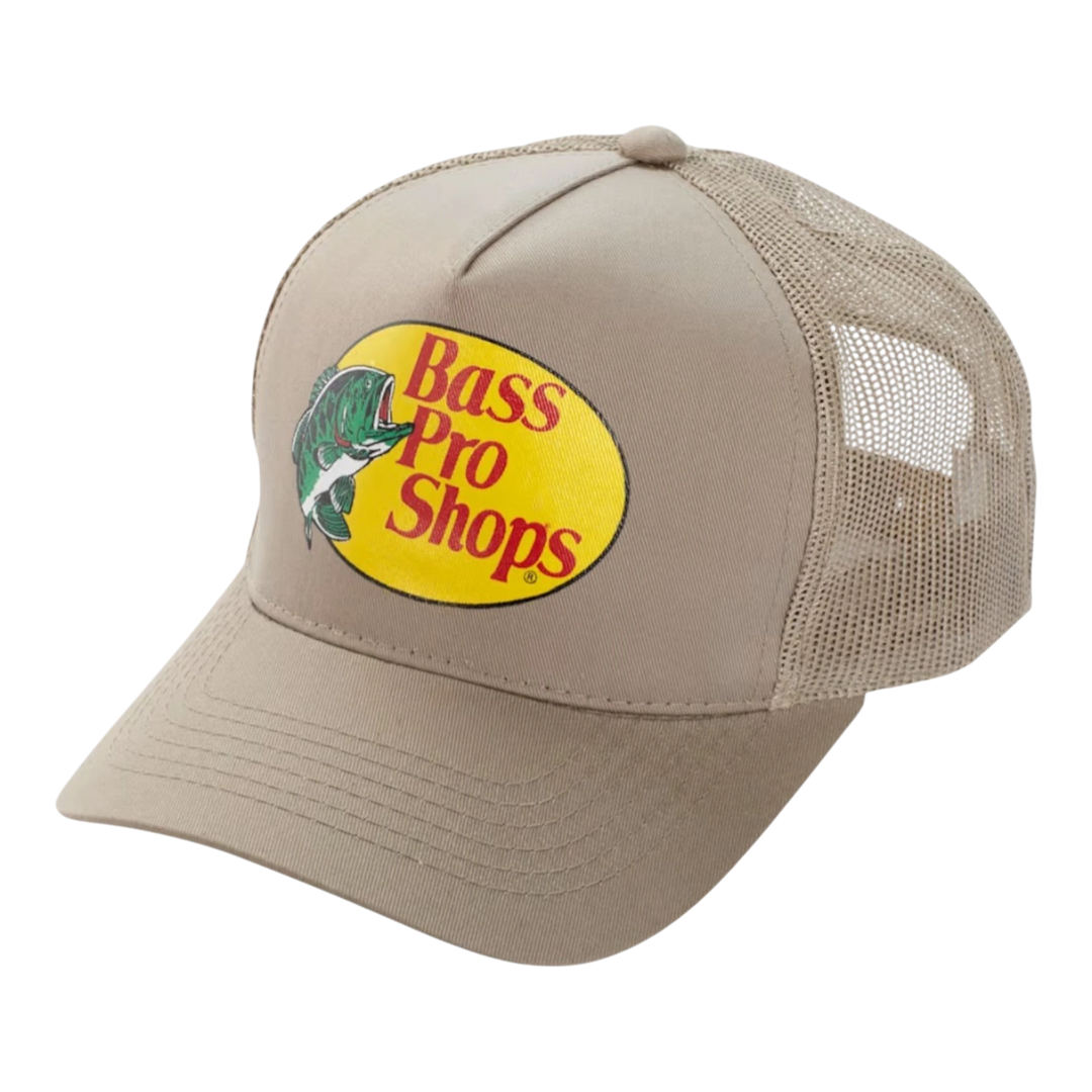 HypeSelection Bass Pro Shops khaki trucker cap with mesh back and embroidered logo. Polyester construction.