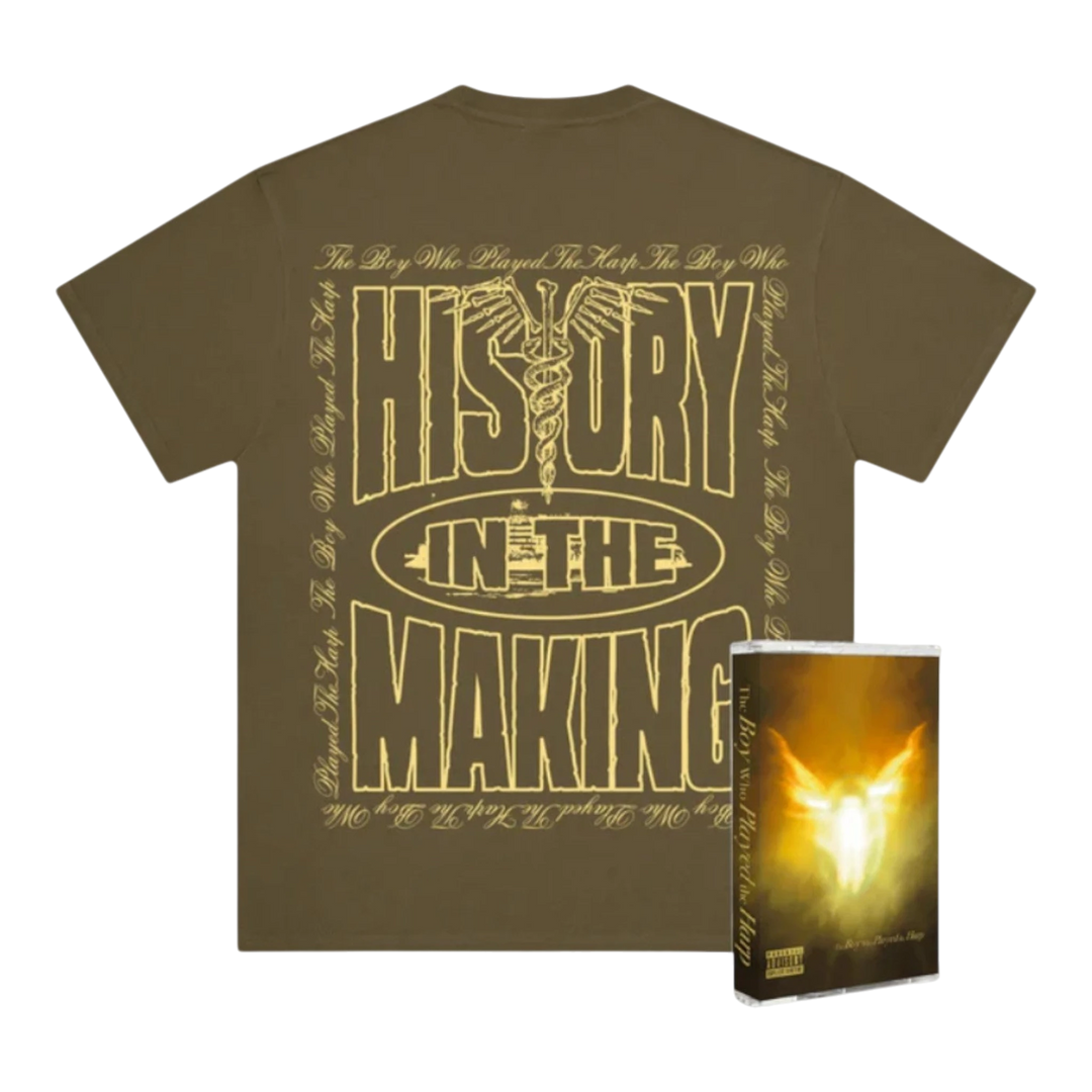 HypeSelection khaki cotton t-shirt with "History In The Making" graphic and cassette tape.