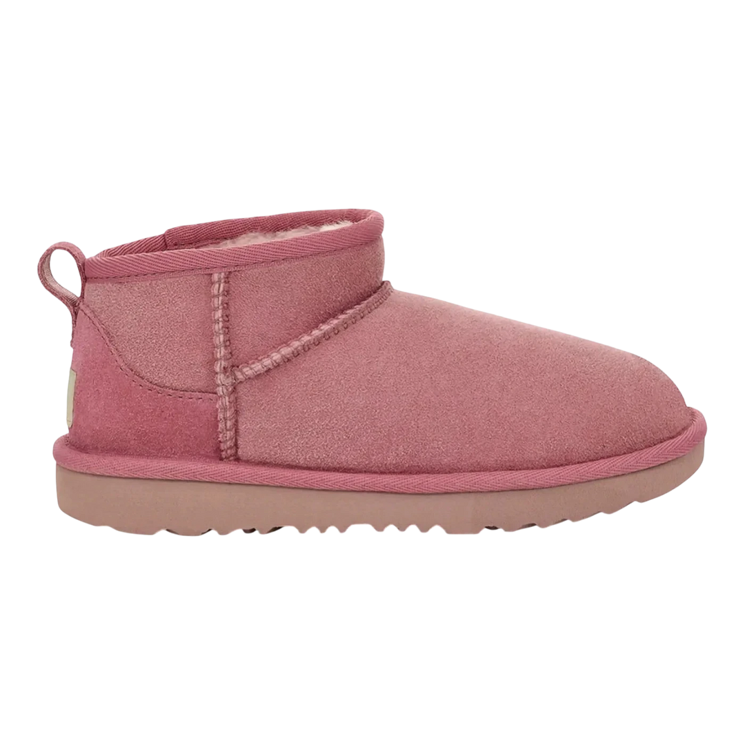 HypeSelection Kids UGG Classic Ultra Mini Boot in dusty orchid suede with sheepskin lining and a low shaft.