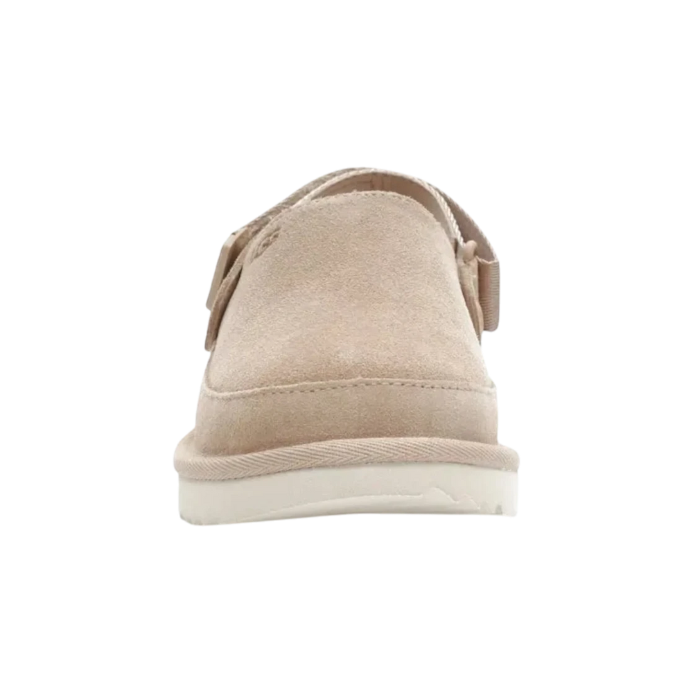 HypeSelection kids' sand suede UGG Goldenstar clogs with adjustable heel strap and white EVA sole.