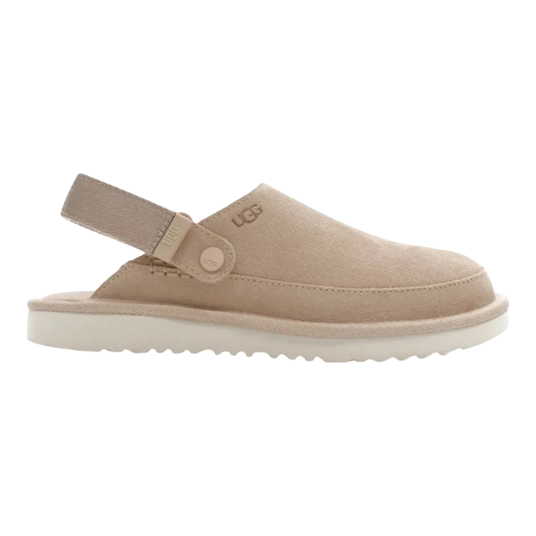 HypeSelection kids' sand suede UGG Goldenstar clogs with adjustable heel strap and white EVA outsole.