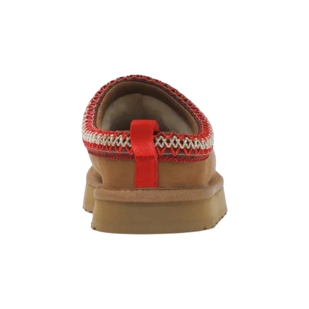 HypeSelection Kids UGG Tazz slipper in chestnut suede with red and white braid detail and platform sole.