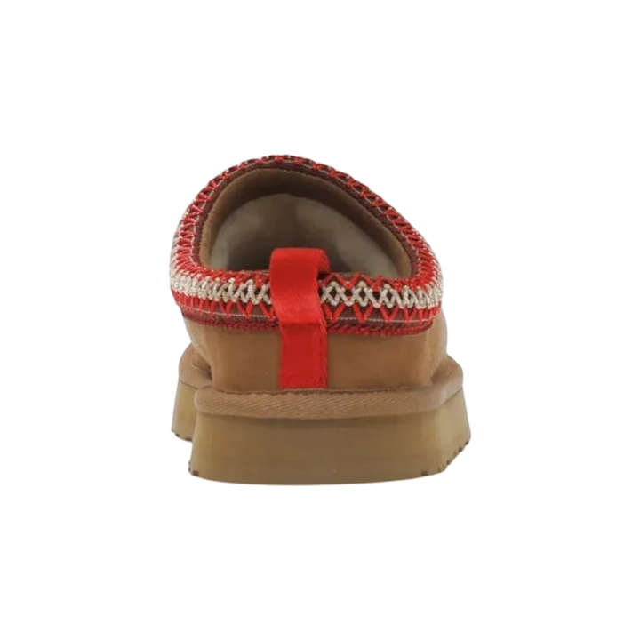 HypeSelection Kids UGG Tazz slipper in chestnut suede with red and white braid detail and platform sole.