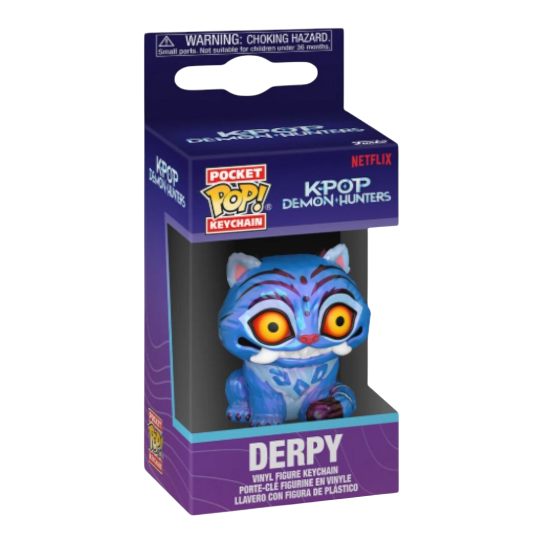 HypeSelection Funko Pocket Pop! Kpop Demon Hunter Derpy vinyl keychain, blue with orange eyes, in purple packaging.