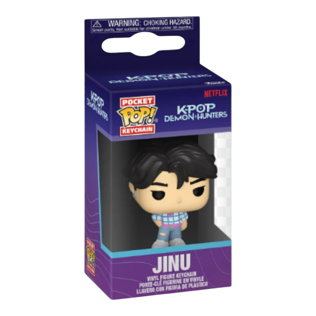 HypeSelection Kpop Demon Hunter Jinu Funko Pocket Pop! vinyl figure keychain with black hair and blue plaid shirt.