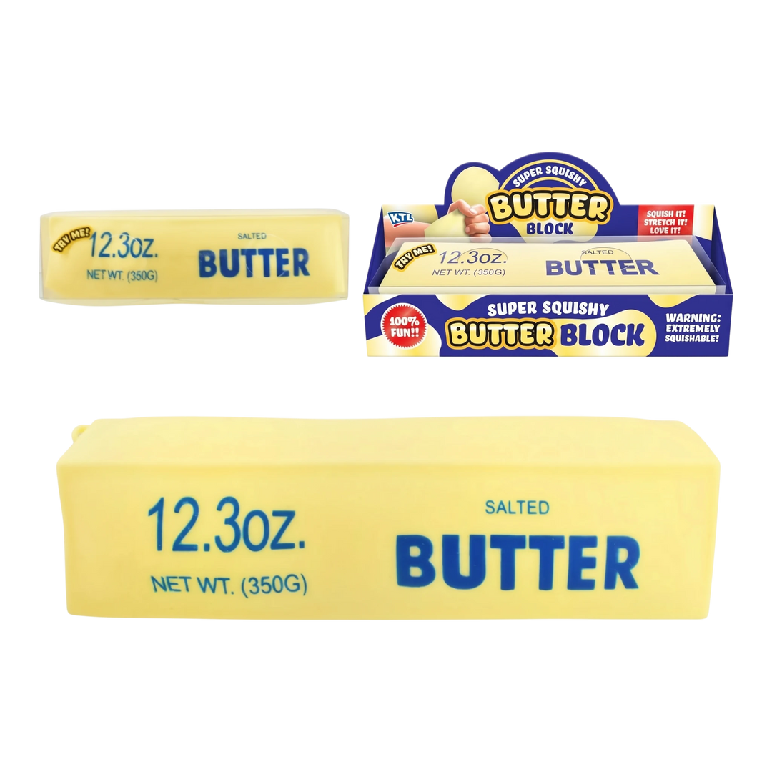 HypeSelection KTL butter squishy toy in bright yellow with Salted Butter text and its retail display box packaging.