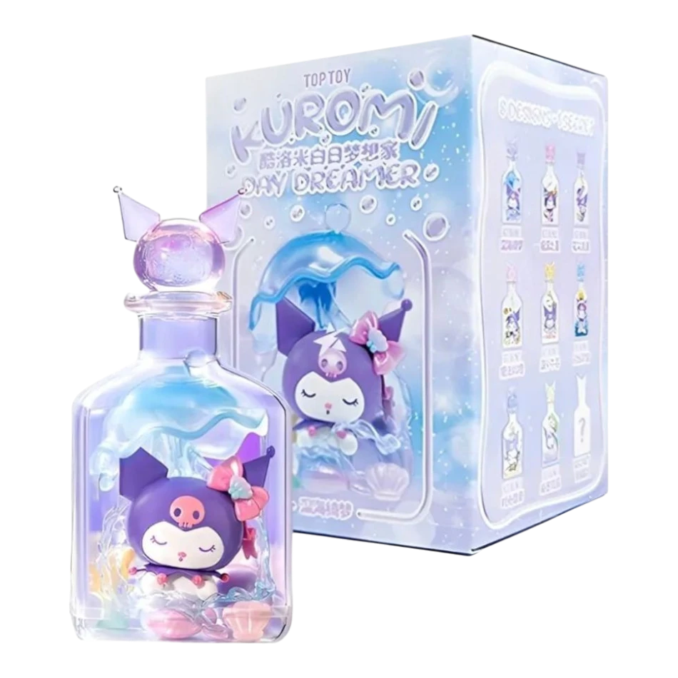 HypeSelection Kuromi Day Dreamer Series blind box figure in a transparent bottle with a glitter cap. Purple PVC and ABS.