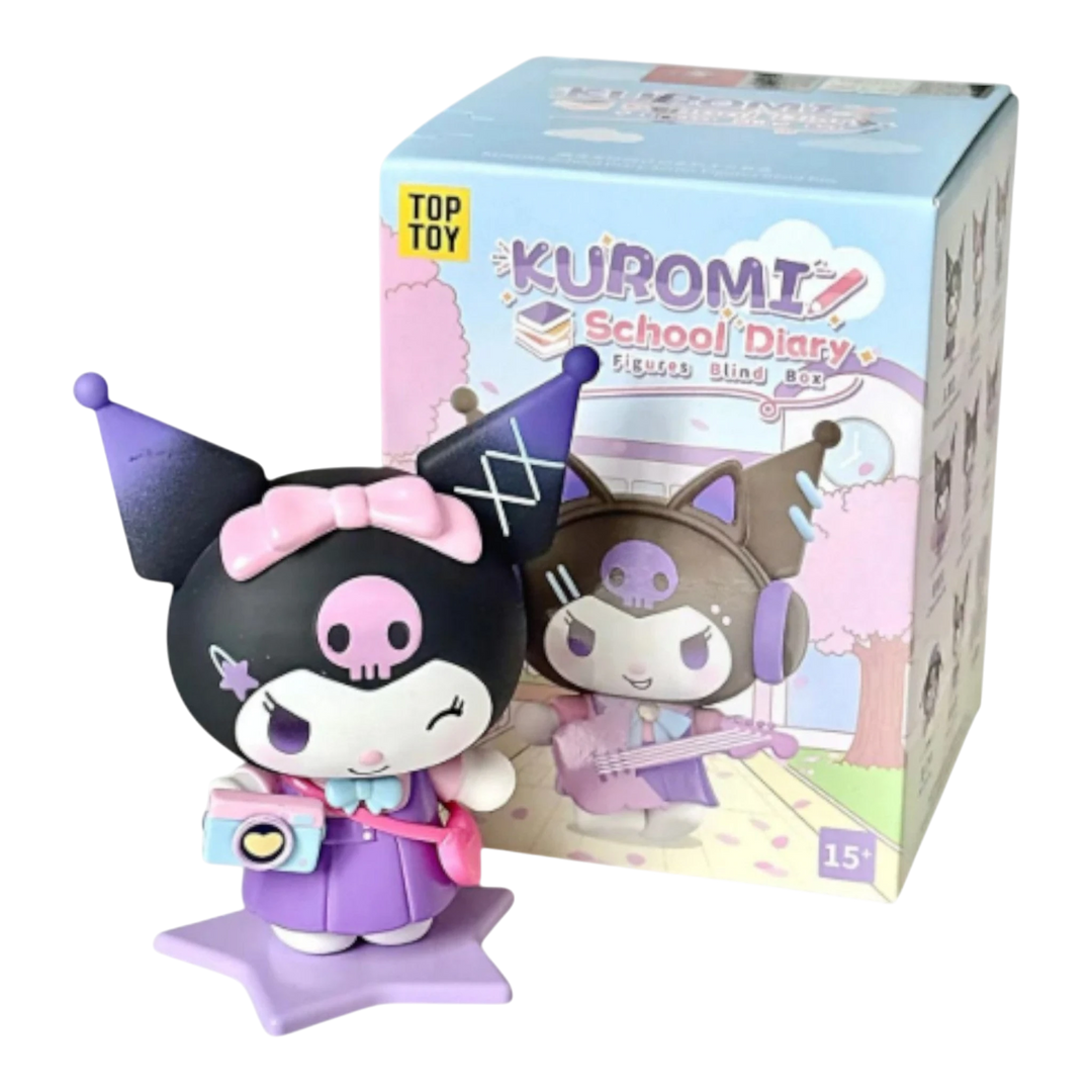 HypeSelection Kuromi School Diary blind box figure, a PVC collectible with a school theme, featuring Kuromi in a purple outfit with a camera.