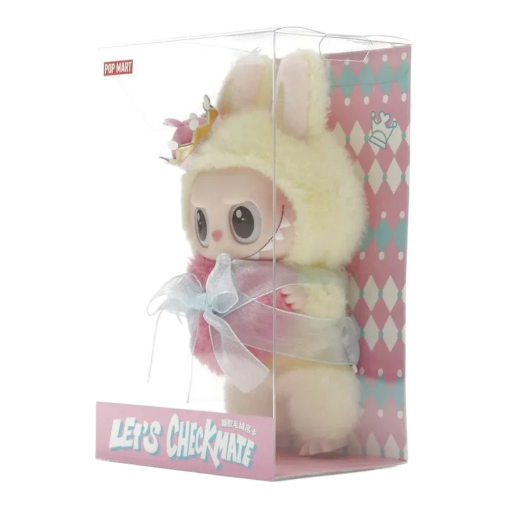 HypeSelection Pop Mart Labubu Let's Checkmate Series vinyl plush toy with crown and pink/blue ribbon, in clear box.