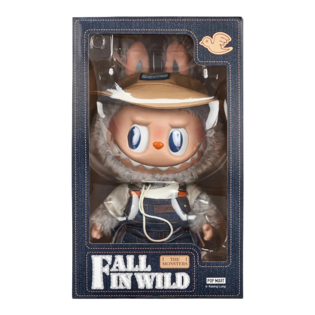 HypeSelection Pop Mart Labubu Fall In Wild vinyl plush doll wearing denim overalls, bucket hat, and fluffy trim.