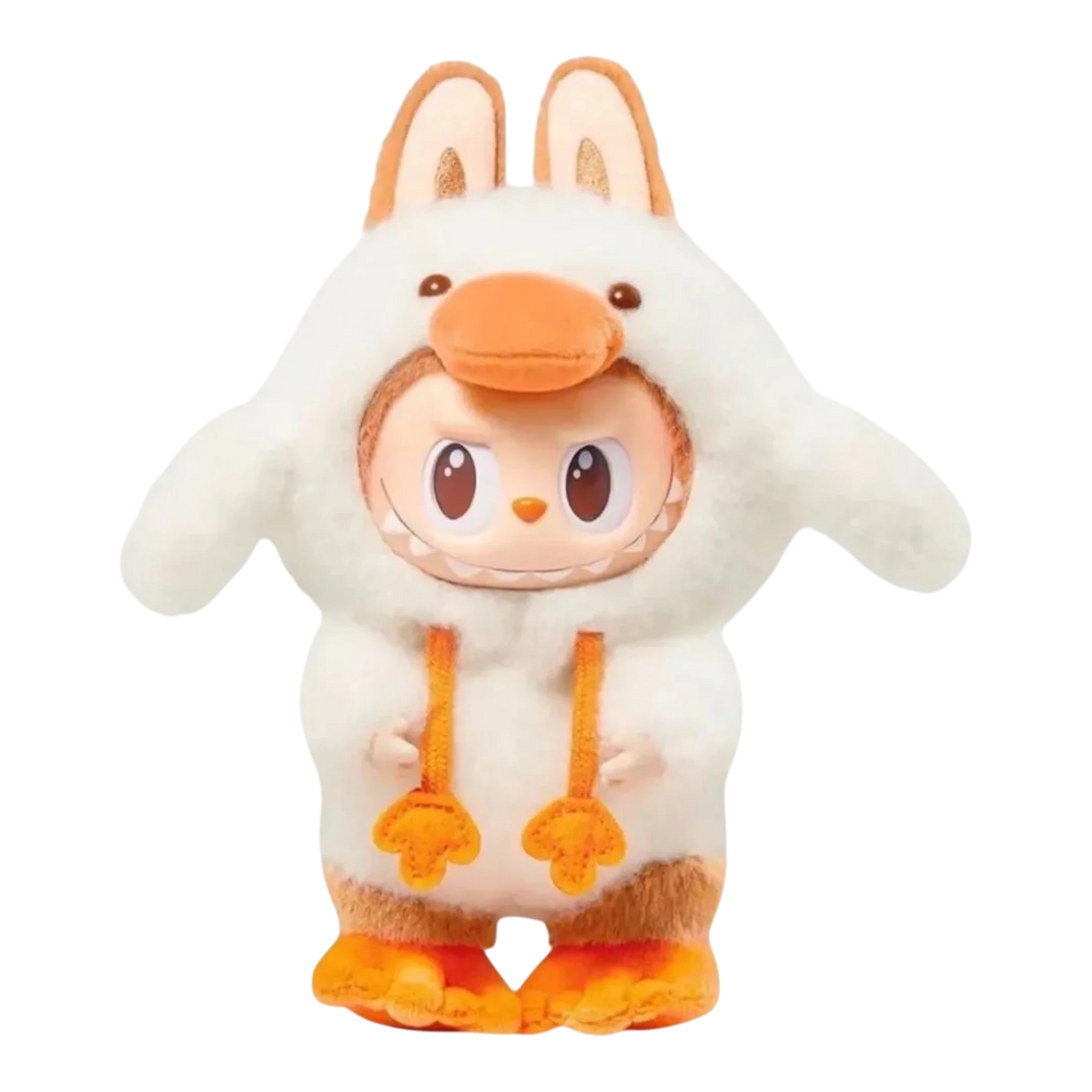 HypeSelection Labubu Forest Fairy Tale Series plush toy with vinyl face, wearing a white duck costume with orange accents and a hanging attachment.