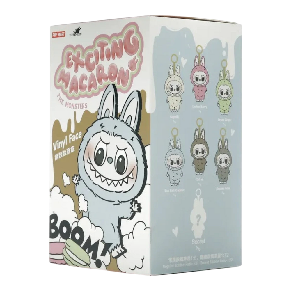 HypeSelection Pop Mart Labubu Exciting Macaron blind box with vinyl face and plush body, pastel colors, collectible pendant.