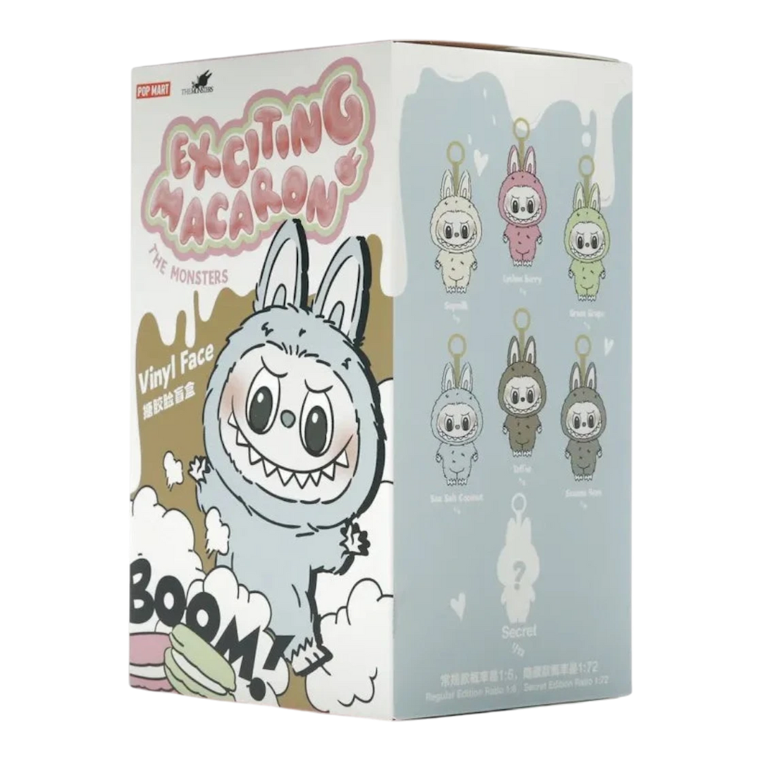 HypeSelection Pop Mart Labubu Exciting Macaron blind box with vinyl face and plush body, pastel colors, collectible pendant.