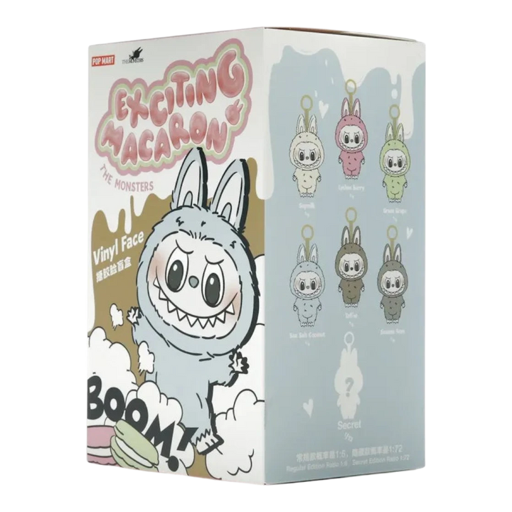 HypeSelection Pop Mart Labubu Exciting Macaron blind box with vinyl face and plush body, pastel colors, collectible pendant.