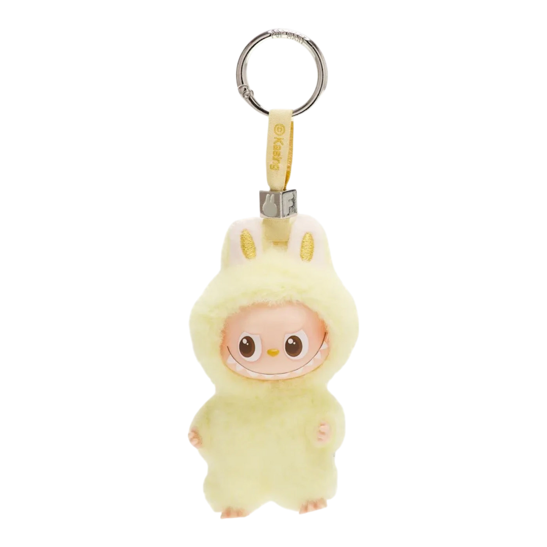 HypeSelection yellow plush Labubu monster keychain with vinyl face, wearing a bunny hoodie. Features a keyring and loop attachment.