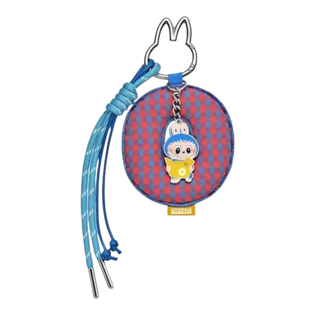 HypeSelection Pop Mart Labubu "O" letter pendant with red and blue checkered fabric, blue lanyard, and keyring.