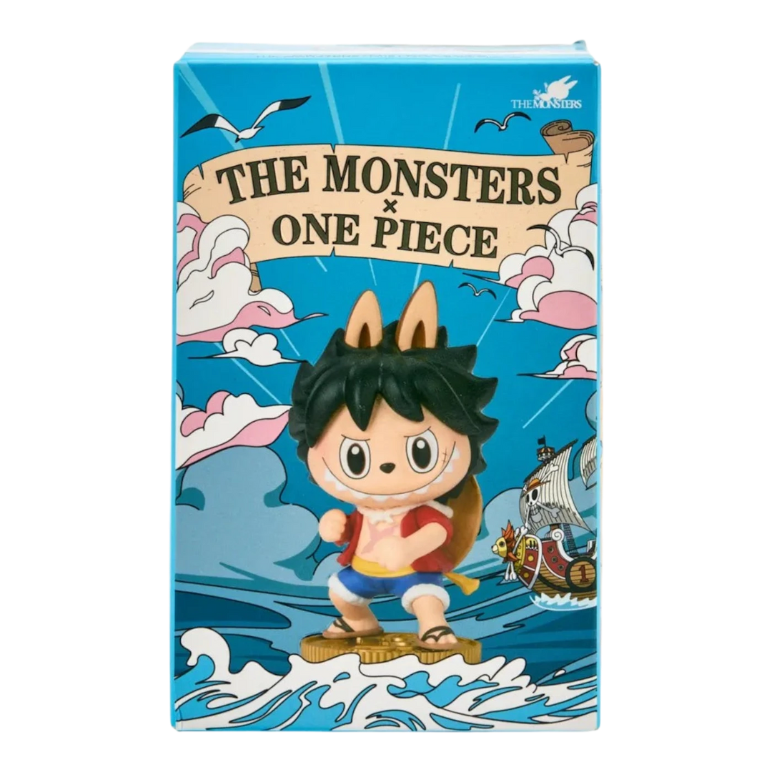 HypeSelection Pop Mart Labubu x One Piece blind box featuring Labubu as Luffy, with the Thousand Sunny ship in the background.