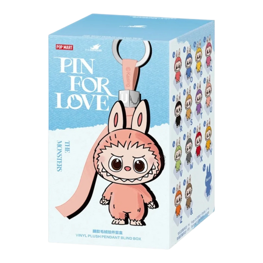 HypeSelection Pop Mart Labubu The Monsters Pin for Love Series blind box featuring a pink vinyl plush pendant with large eyes and a keychain loop.