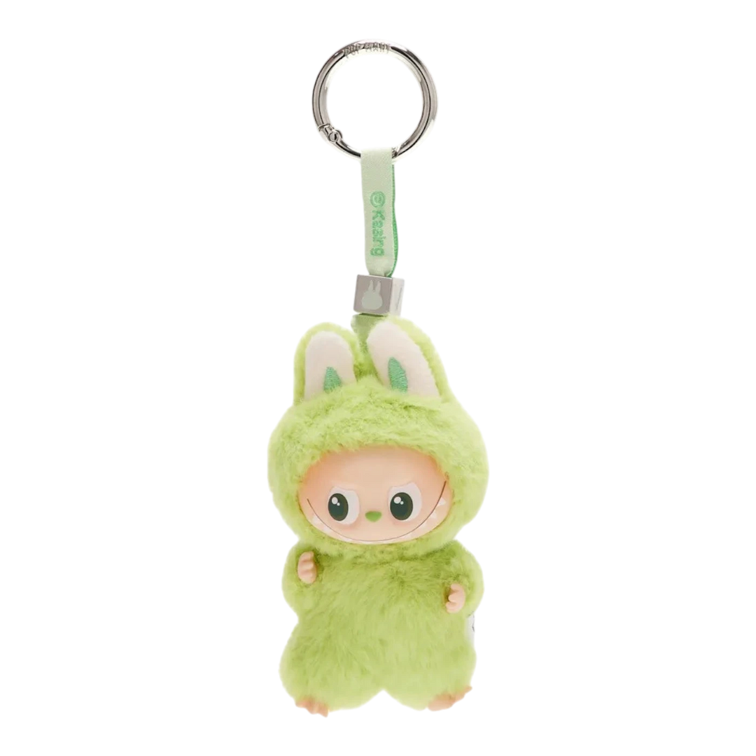 HypeSelection Pop Mart Labubu Monsters Pin for Love Series "V" plush pendant, lime green with vinyl face and keychain loop.