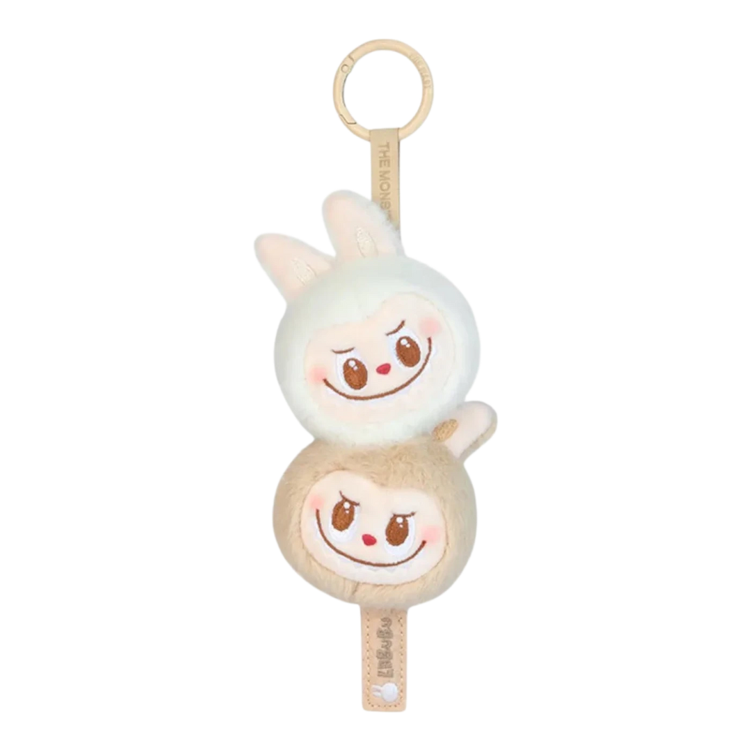 HypeSelection Labubu Wacky Mart Series seafood balls plush pendant with two stacked characters, beige and white, keyring attachment.