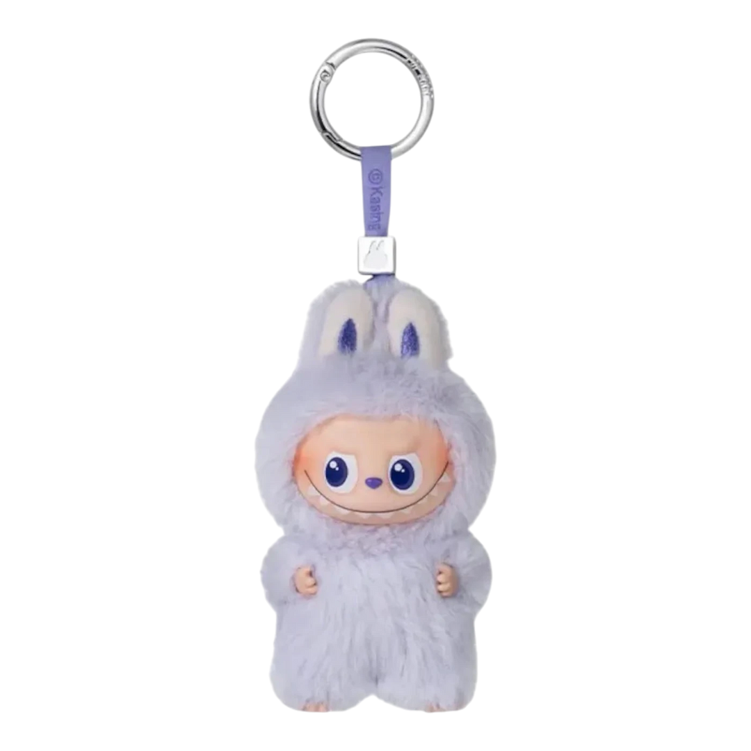 HypeSelection Pop Mart Labubu "E" plush pendant with vinyl face, purple colorway, and keychain loop.