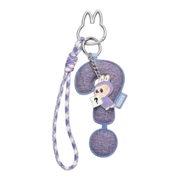 HypeSelection Pop Mart Labubu "?" letter pendant with purple question mark design and plush body, attached to a keychain.