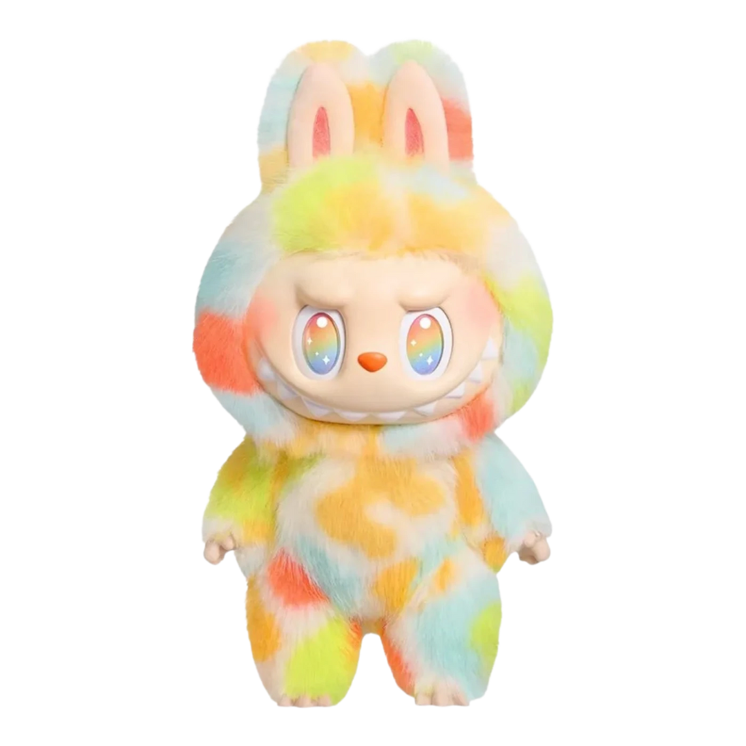 HypeSelection Pop Mart Labubu Rock The Universe plush doll with vinyl face, rainbow eyes, and tie-dye fur.
