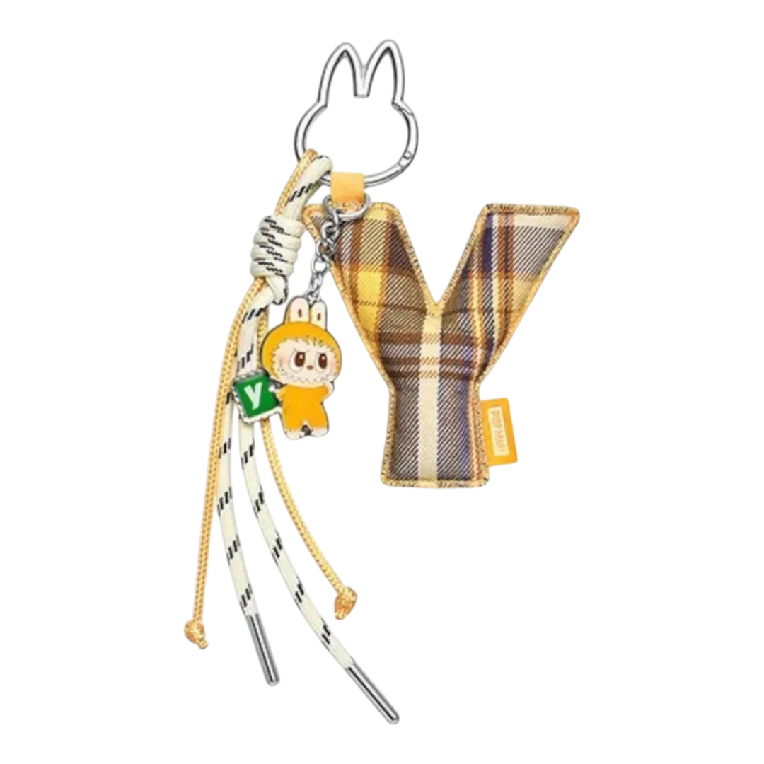 HypeSelection Pop Mart Labubu 'Y' letter pendant keychain with plaid fabric and a small character charm.