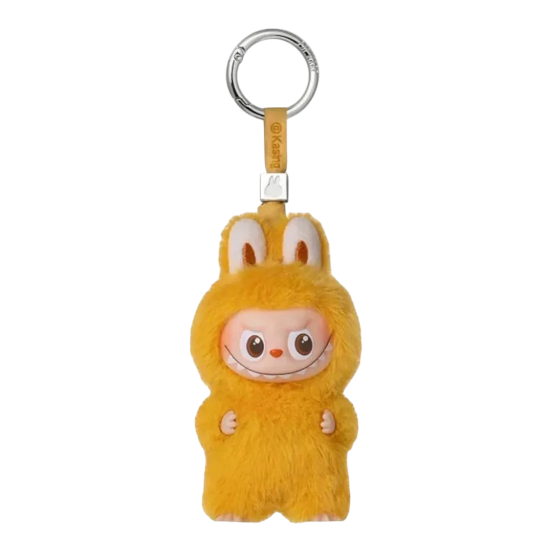 HypeSelection Pop Mart Labubu "Y" plush pendant with vinyl face and yellow fuzzy body, attached to a keychain.