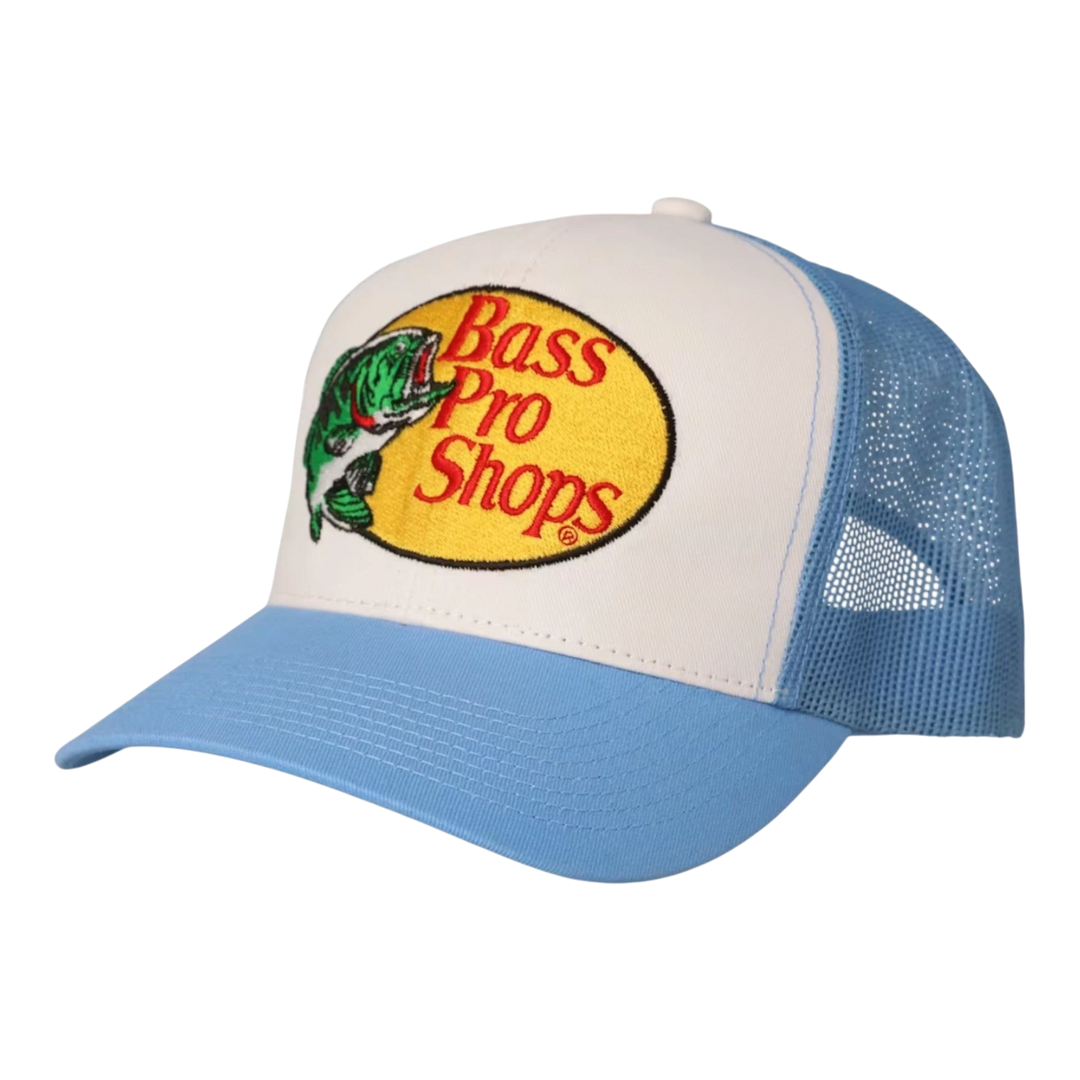 HypeSelection light blue trucker cap with white front panel featuring embroidered Bass Pro Shops logo, mesh back, and adjustable snapback.