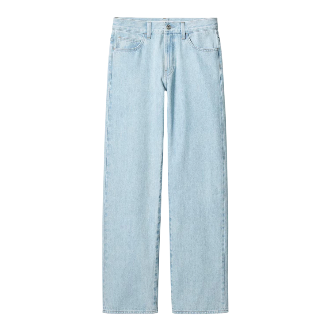 HypeSelection Uniqlo JW Anderson light blue 100% cotton straight leg jeans with mid-rise waist and logo detail on back pocket.