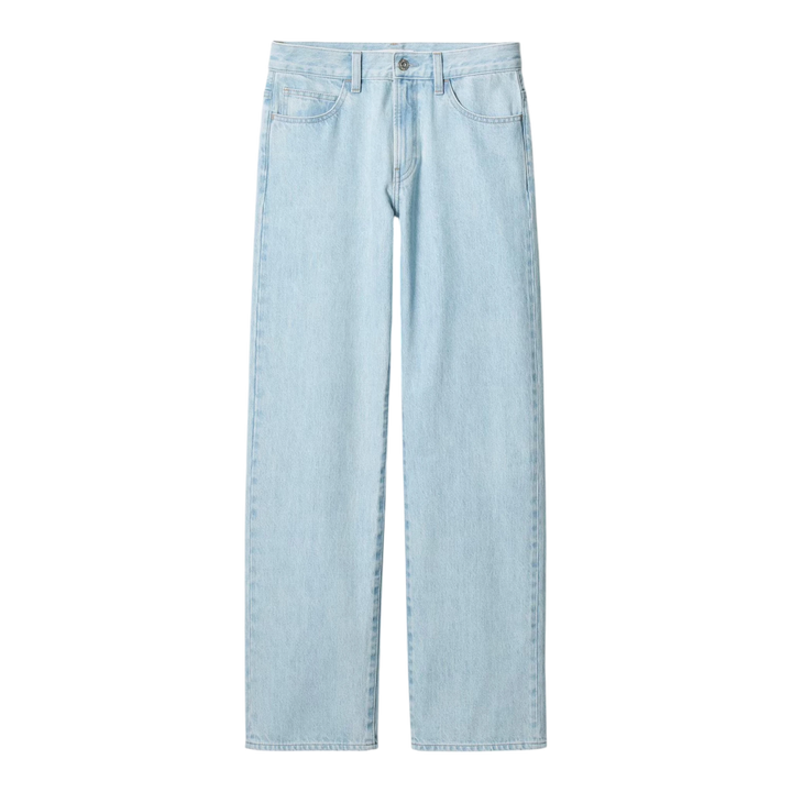 HypeSelection Uniqlo JW Anderson light blue 100% cotton straight leg jeans with mid-rise waist and logo detail on back pocket.