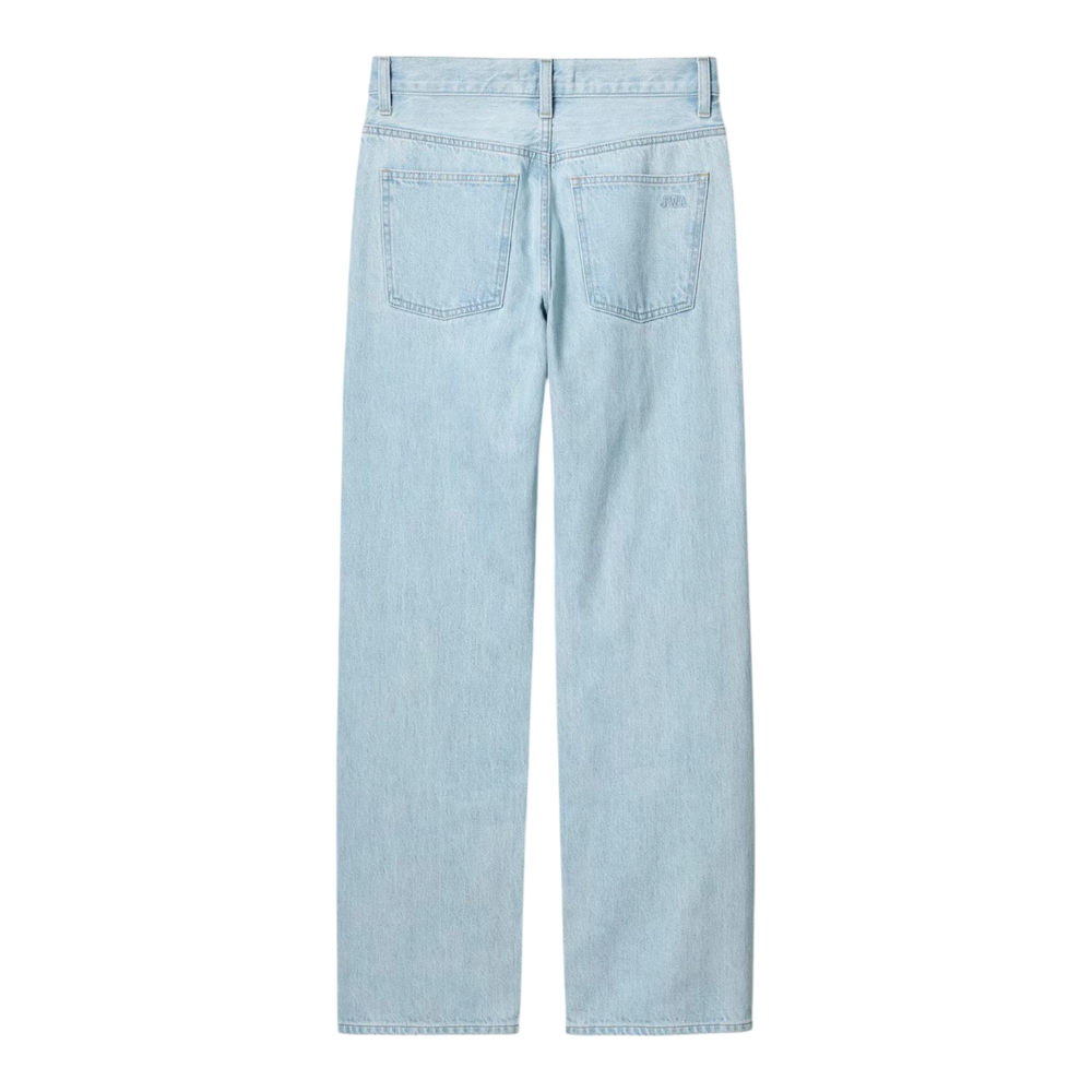 HypeSelection light blue 100% cotton straight leg jeans with mid-rise waist and JW Anderson logo on back pocket.