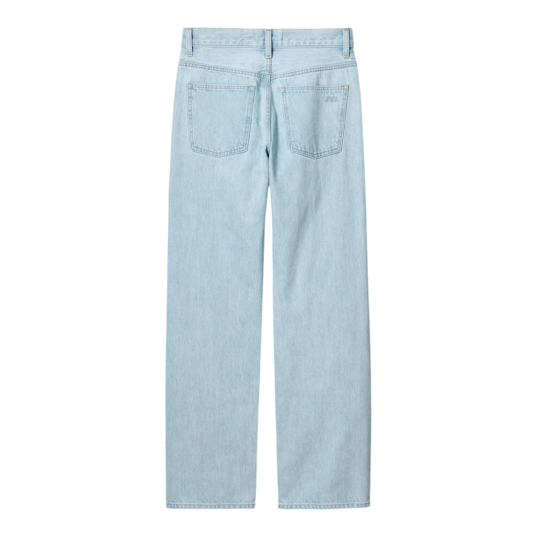HypeSelection light blue 100% cotton straight leg jeans with mid-rise waist and JW Anderson logo on back pocket.