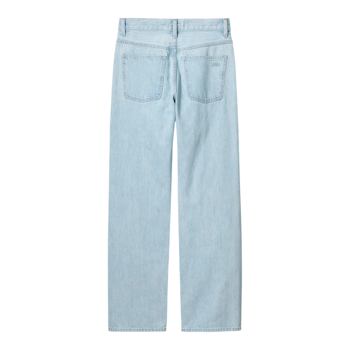 HypeSelection light blue 100% cotton straight leg jeans with mid-rise waist and JW Anderson logo on back pocket.
