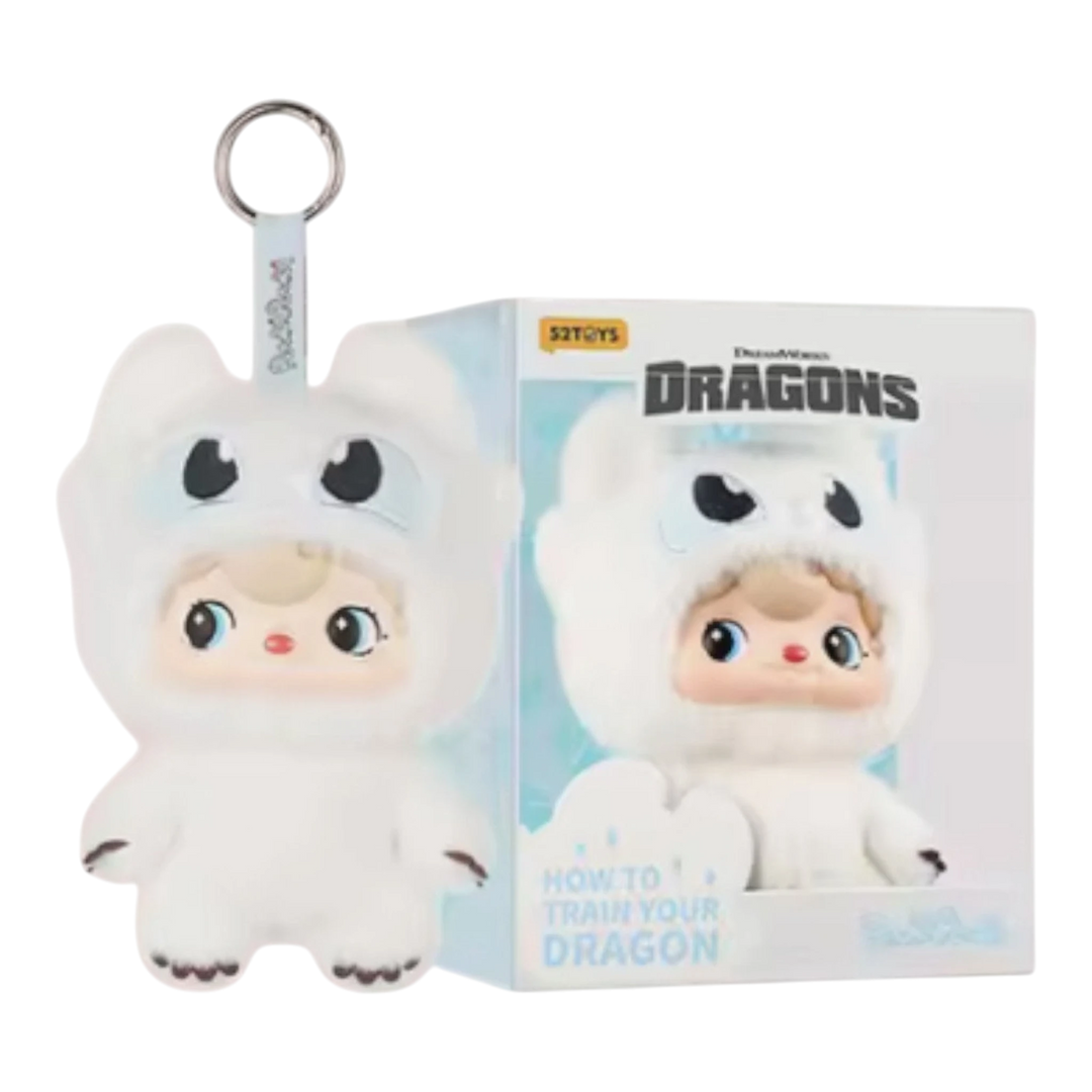 HypeSelection 52TOYS Light Fury plush toy with vinyl face, featuring a white body and blue eyes, with a keychain attachment.
