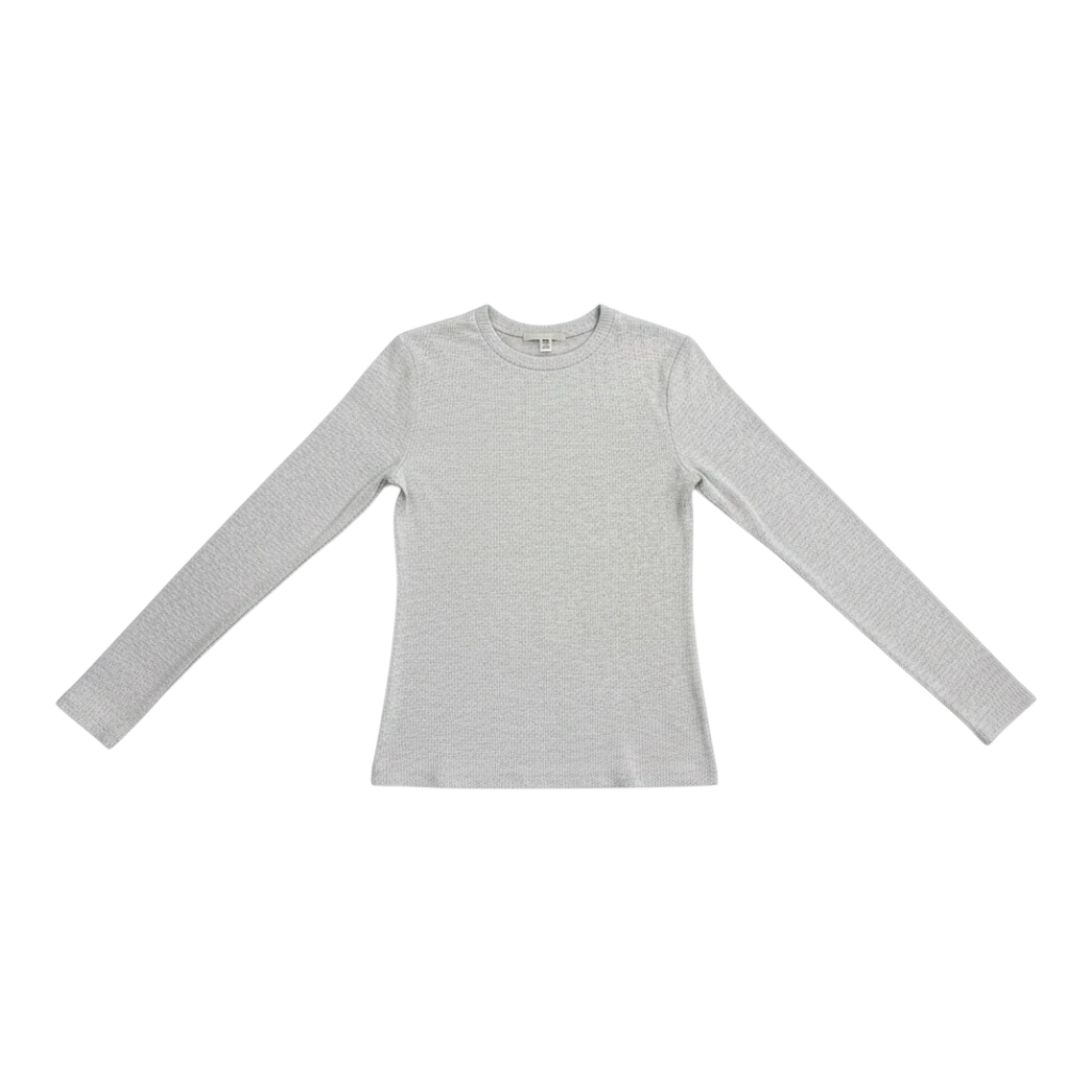 HypeSelection women's light gray long sleeve crew neck tee made from a soft cotton-rayon ribbed blend, slim fit.