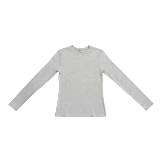 HypeSelection women's light gray long sleeve crew neck tee made from a soft cotton-rayon ribbed blend, slim fit.