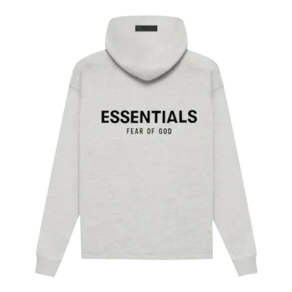 HypeSelection Light Oatmeal Fear of God Essentials Relaxed Hoodie with black Essentials logo on back.