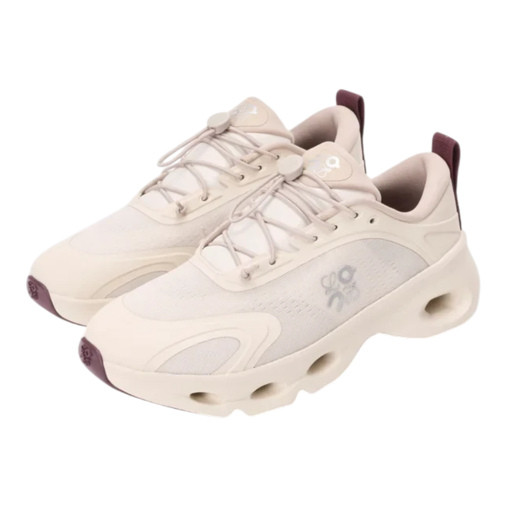 HypeSelection Loewe x On Cloudsolo sneakers in sand and burgundy with technical mesh and signature pebble toggle.